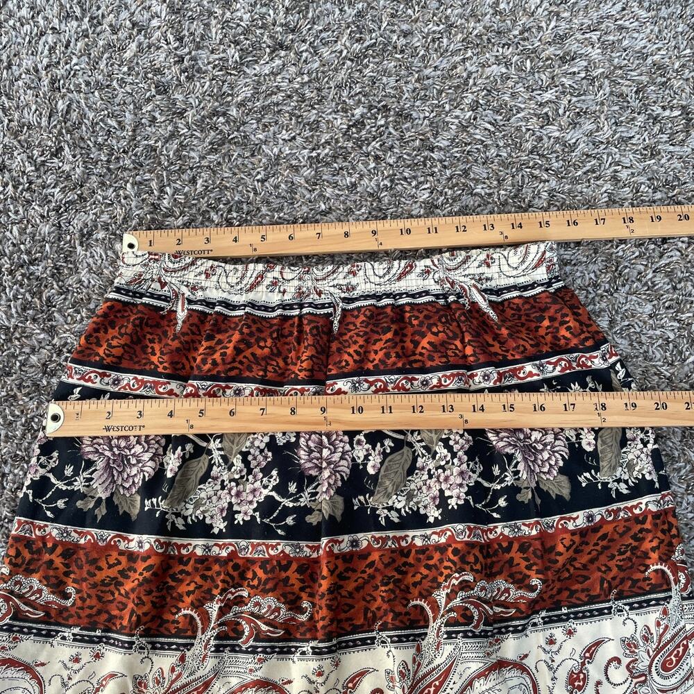 Vintage Mini Skirt Size 14 Black Brown Mix Print Cheetah Floral Boho Pull On 90s - Picture 15 of 16
